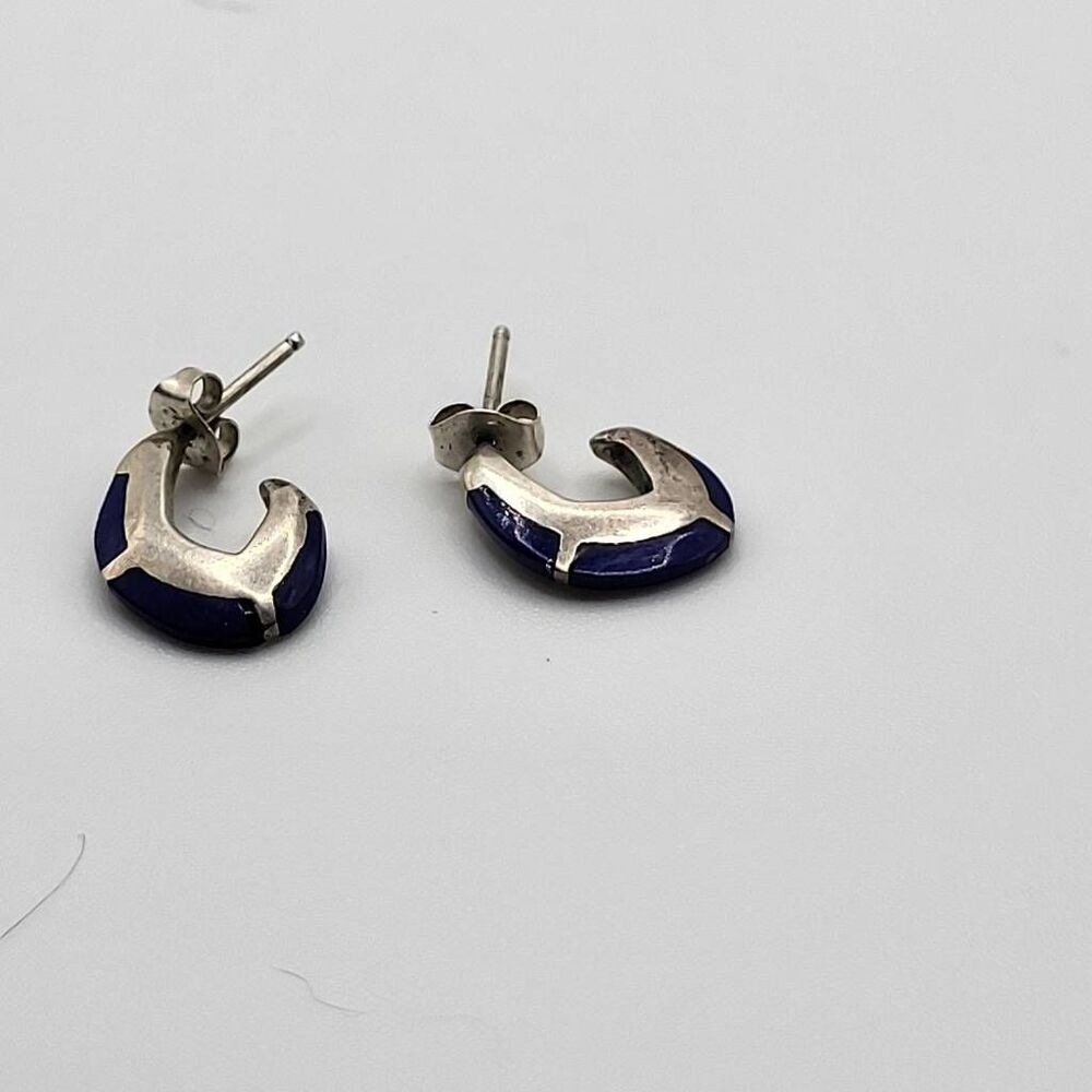 Native American Sterling Silver Lapis Hoop Earrings - Picture 2 of 6